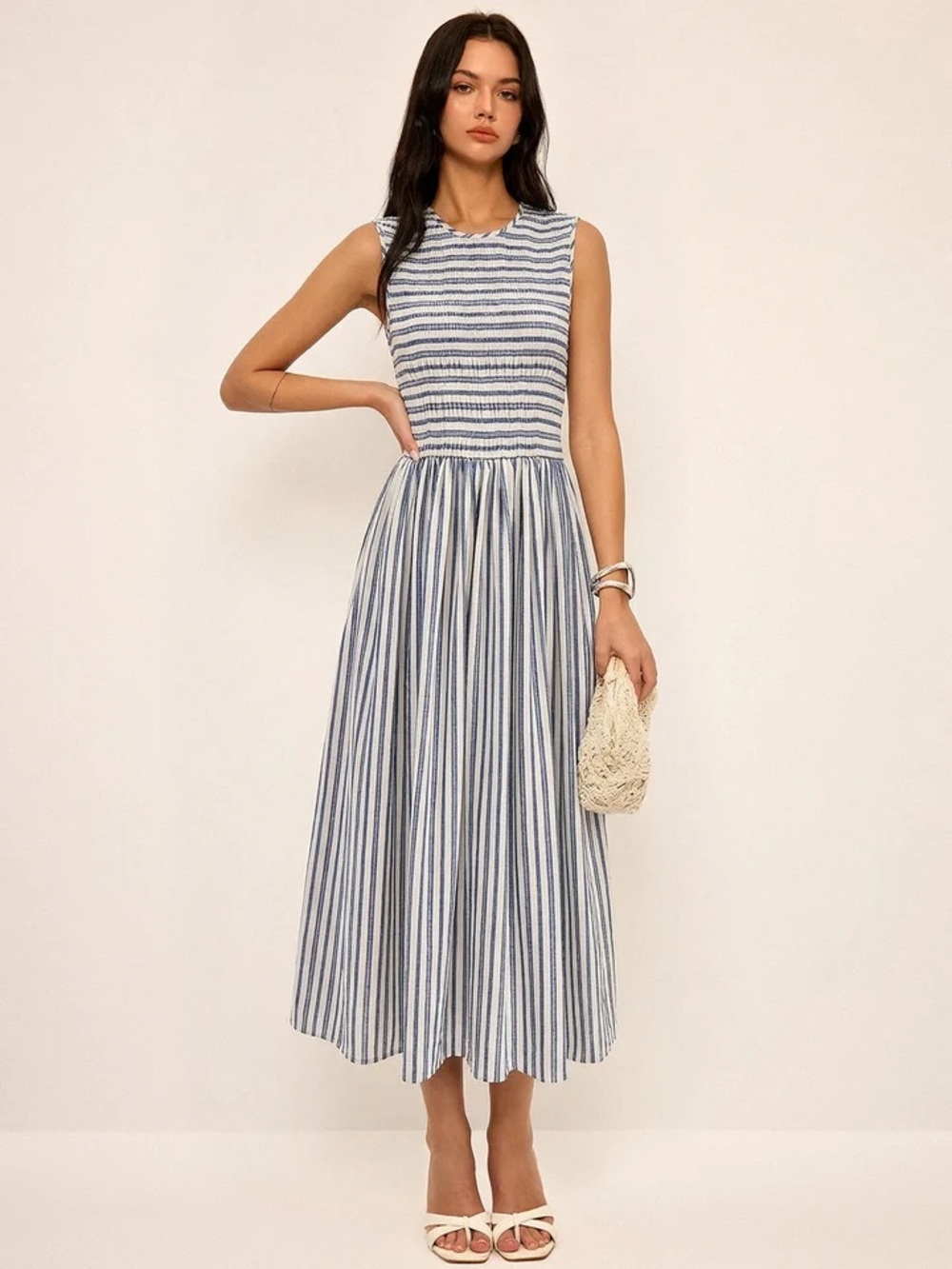 Commense Striped Cotton Sleeveless Smocked Maxi Dress